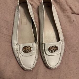 Gucci Women's White Loafers with Gold Accent